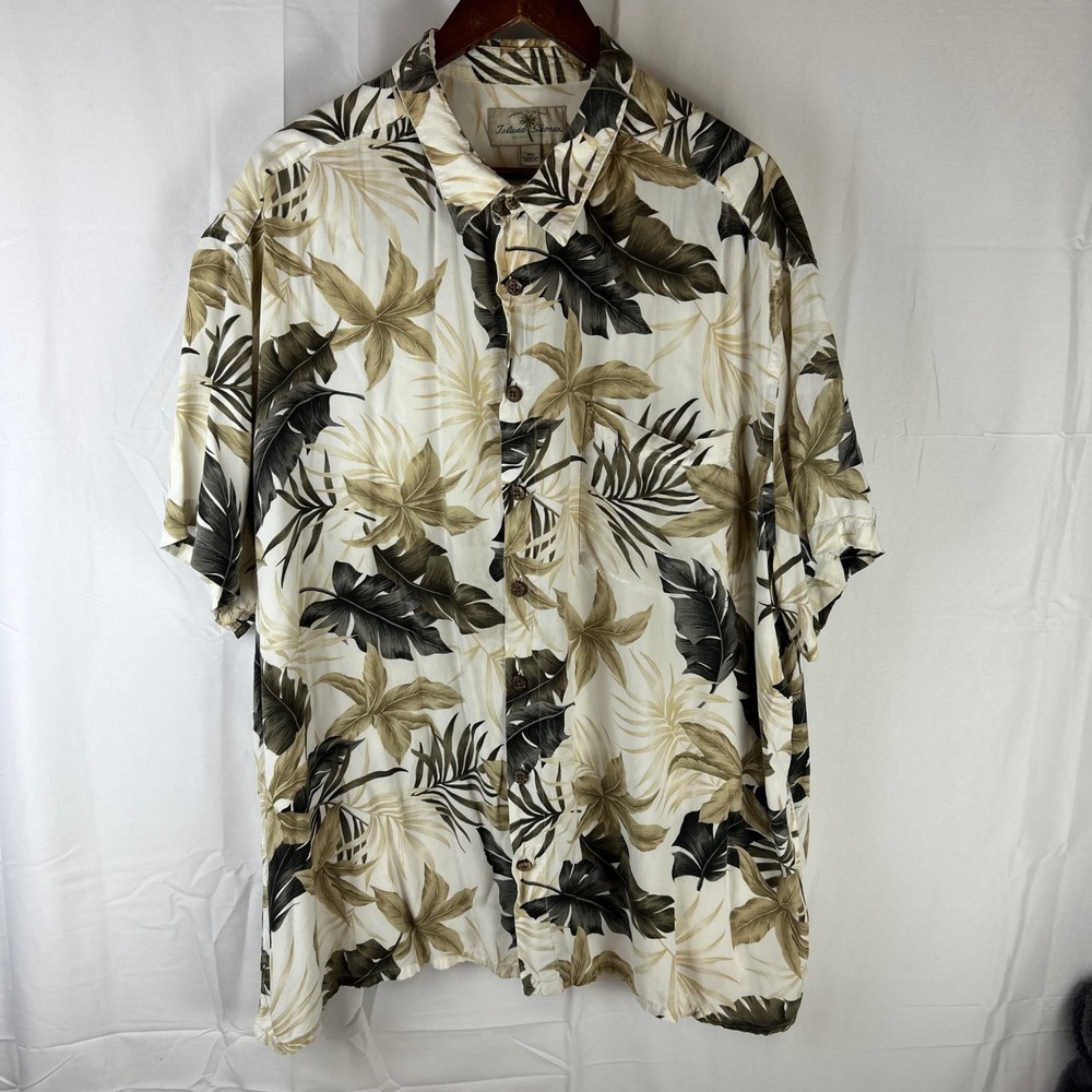 Island Shores Button Down Mens 3XL White Tropical Palm Leaf Rayon Hawaiian Shirt